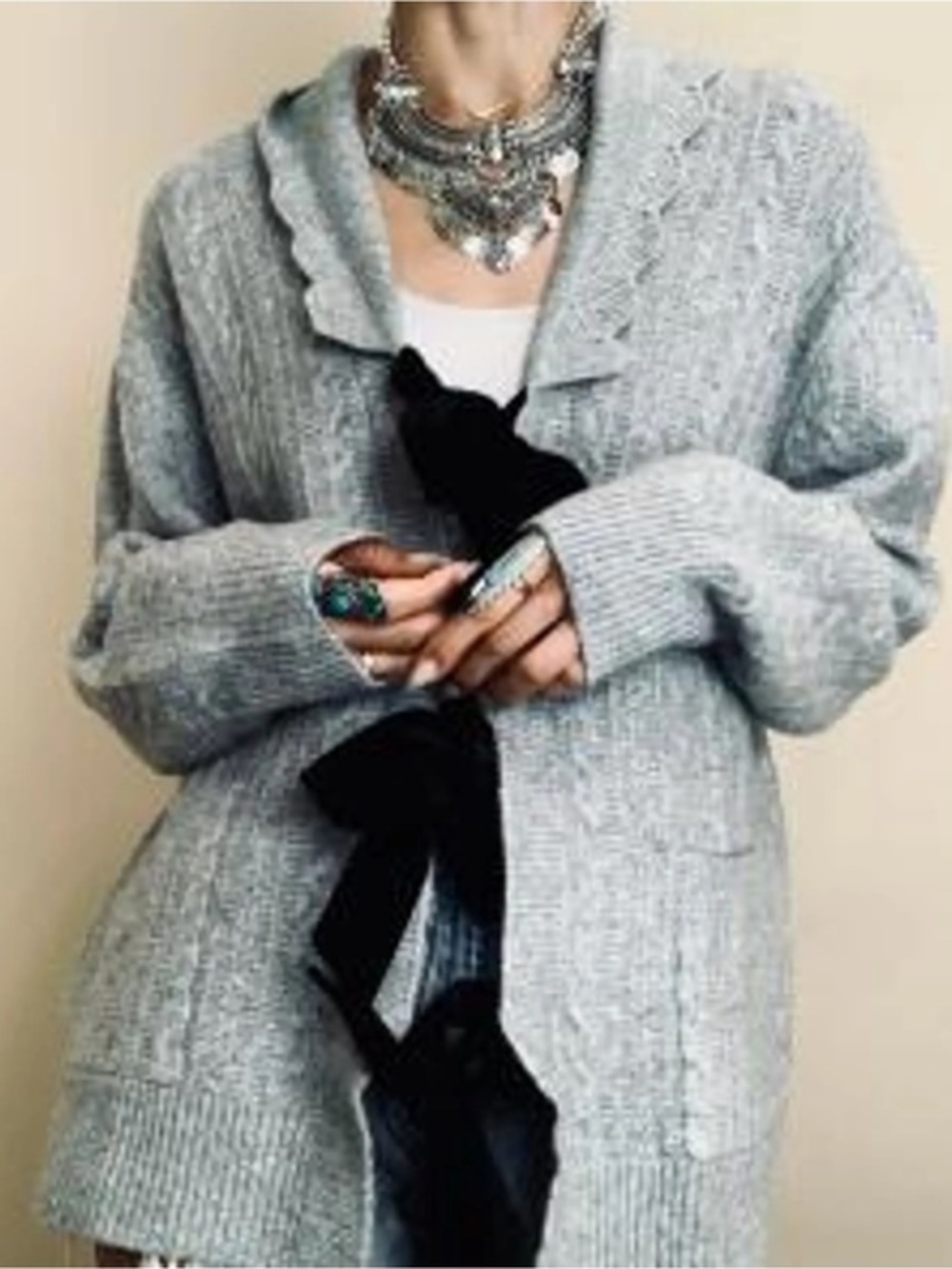 Joie Grey Cable Knit Cardigan Sweater Small NWT Velvet Tie Front Bows $298
